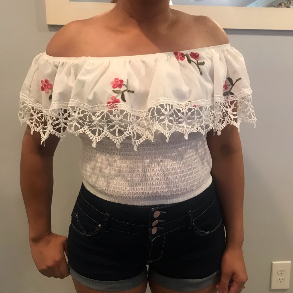 Off Shoulder White Embroidered Top